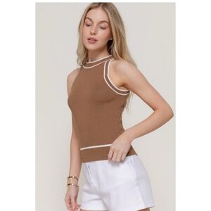 1201 • Brown Rayon Blend Knit Tank Top w/White Contrast